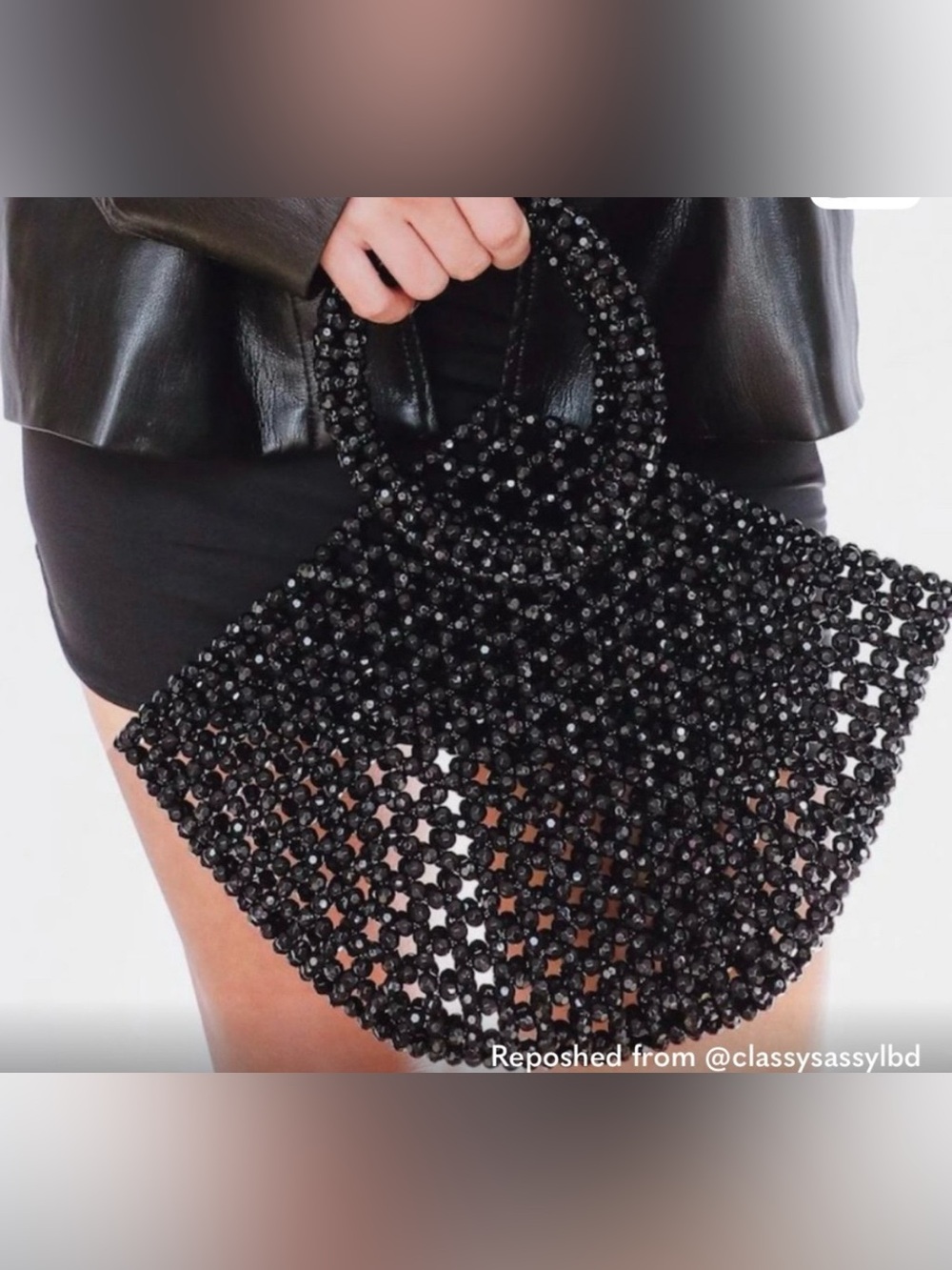 Black Beaded Circle Handle Womens Handbag with glass crystal beads woven. On